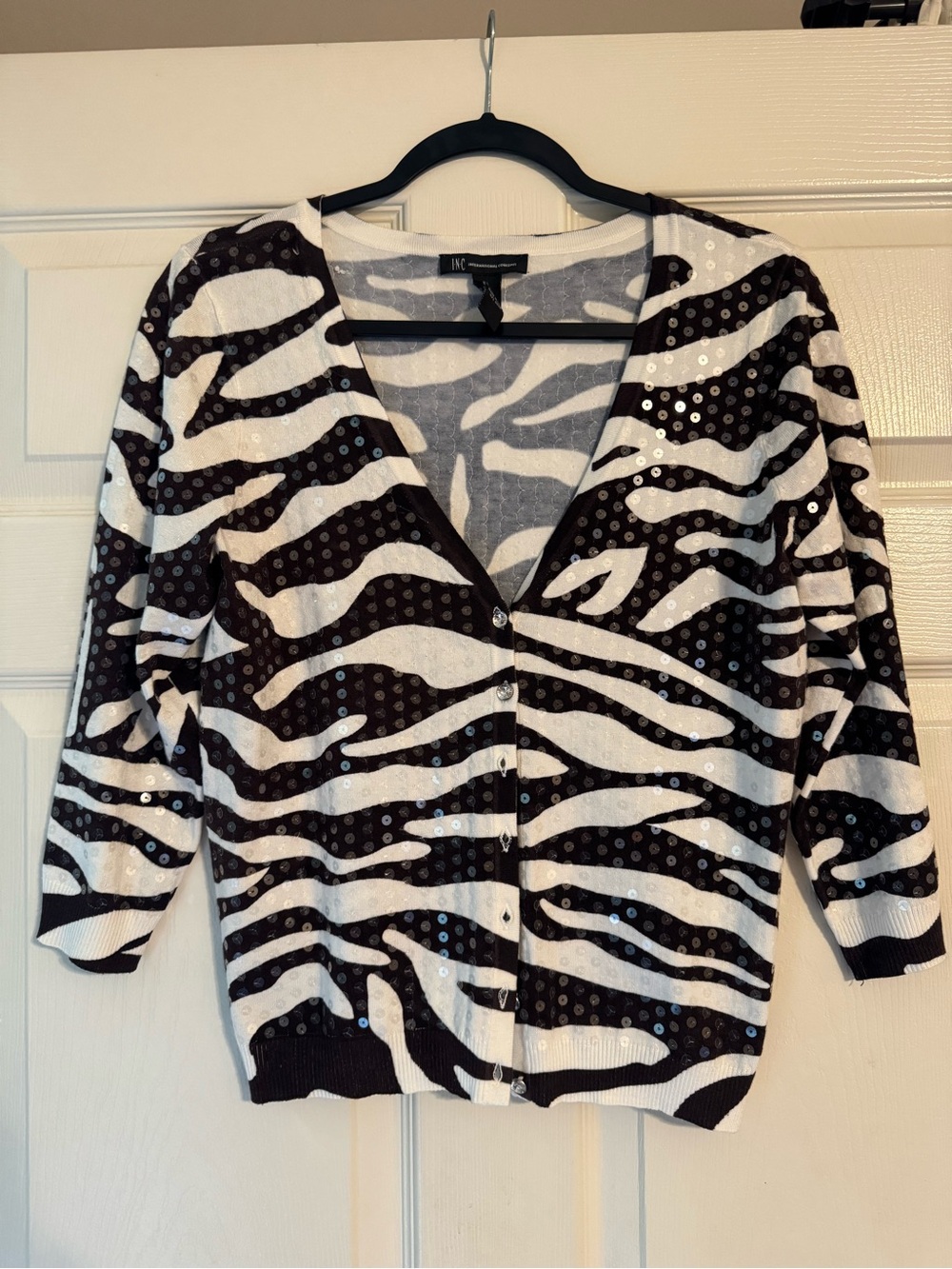 INC International Concepts Black & White Zebra Sequin V-Neck Cardigan